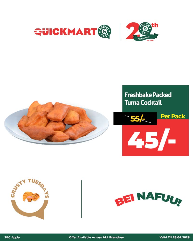 QuickmartKenya's tweet image. Warm flavors, cooler prices—your Crusty Tuesday treat awaits.

*Valid ONLY TODAY!

Shop online from our website quickmart.co.ke

Download the app qrfy.com/1bdkIHDde-

#CrustyTuesday
#20YearsTogether
#BeiNafuu
#FreshAndEasy