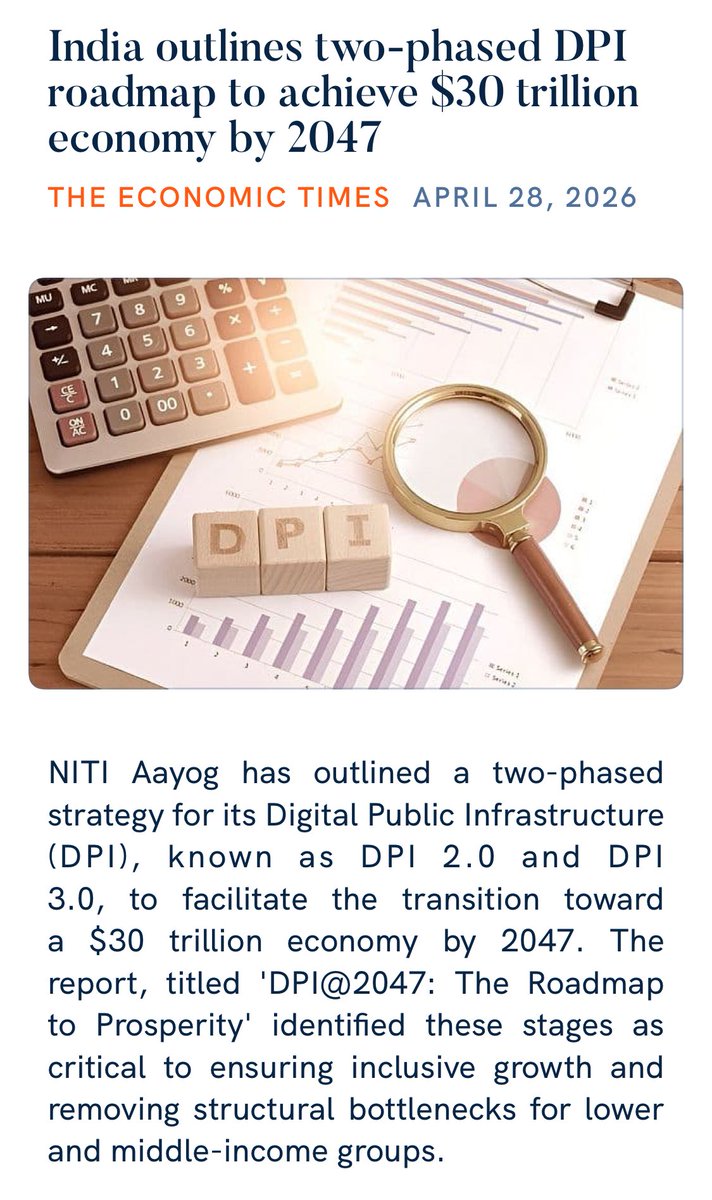 India outlines two-phased DPI roadmap to achieve $30 trillion economy by 2047
 economictimes.indiatimes.com/tech/informati…

via NaMo App