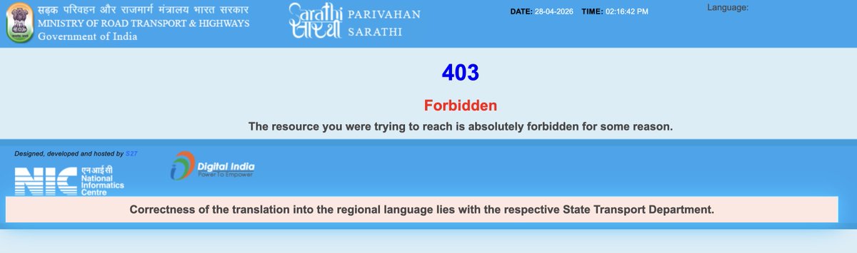 samkishnani's tweet photo. This is the most savage error message by the Indian Ministry of Transport &amp; Highways. 
"The resource you were trying to reach is absolutely forbidden for some reason."
What's the reason?? Why is it so forbidden?? https://t.co/NZRHoy6AKo