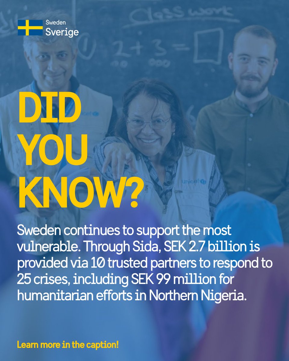 SwedeninNigeria's tweet photo. The new Swedish humanitarian aid package from Sida  will make a difference for a large number of crisis affected people in #Nigeria. +99 million SEK channelled through @UNICEF_Nigeria, @WFP_Nigeria, @icrcnigeria, @ACF_Nigeria, IRC, NHF &amp; @NRC_Norway https://t.co/3rx77GqJDV