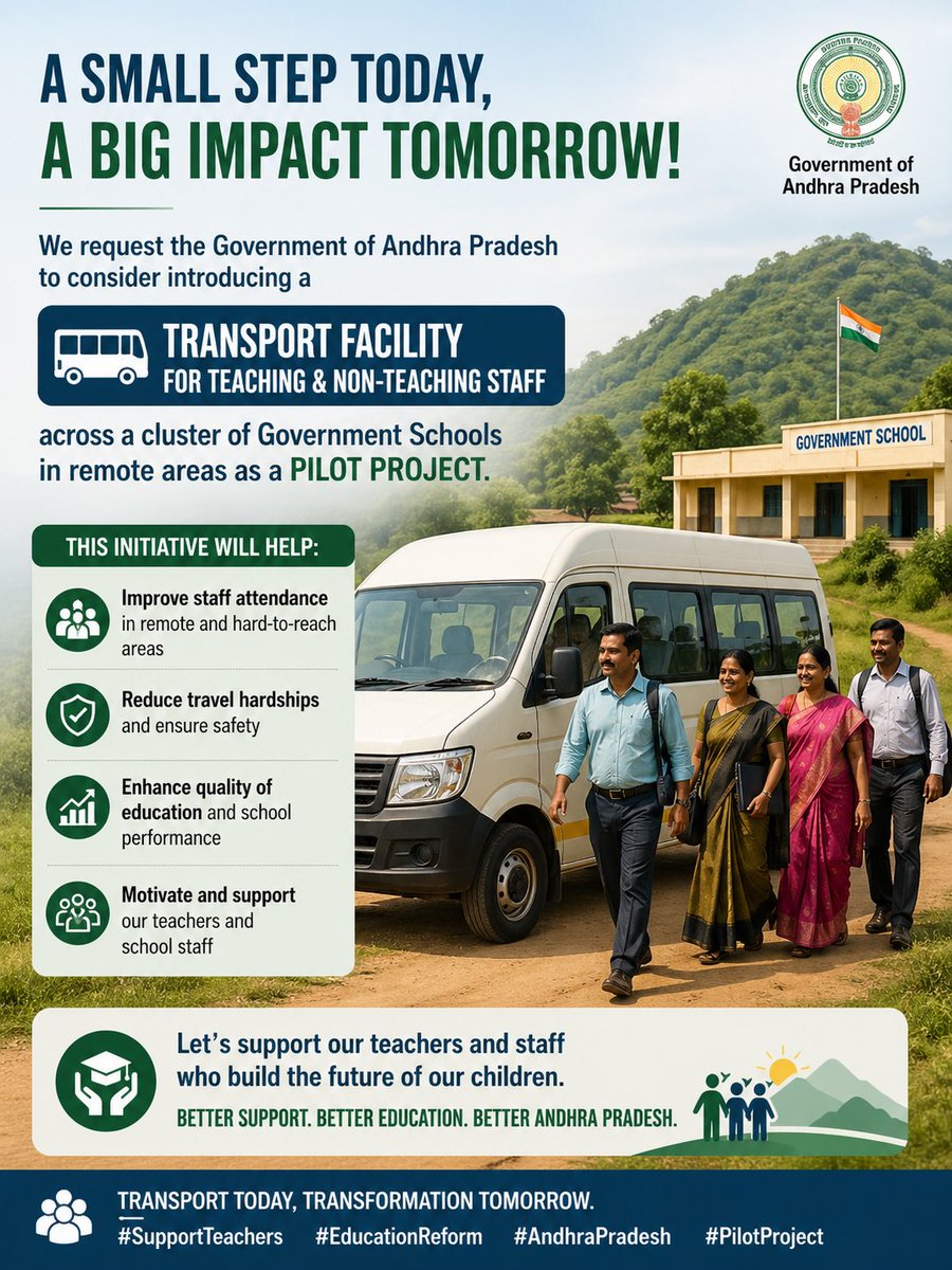 MbappeREDDY's tweet photo. Reliable transport can improve staff attendance, reduce hardships, and enhance the overall quality of education in underserved regions.
A small initiative today can create a big impact tomorrow. (2/2)

@PawanKalyan
@ncbn
@naralokesh

#EducationReform #AndhraPradesh #PilotProject https://t.co/oDikql3sEx