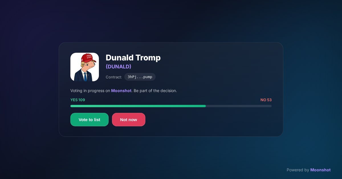 bardexalt's tweet photo. We're so close to getting $Dunald listed on Moonshot. Just a handful of votes left.
Final step — community, show up. This could be it.

https://t.co/fGNOJ6LHXT https://t.co/qzjagl46b9