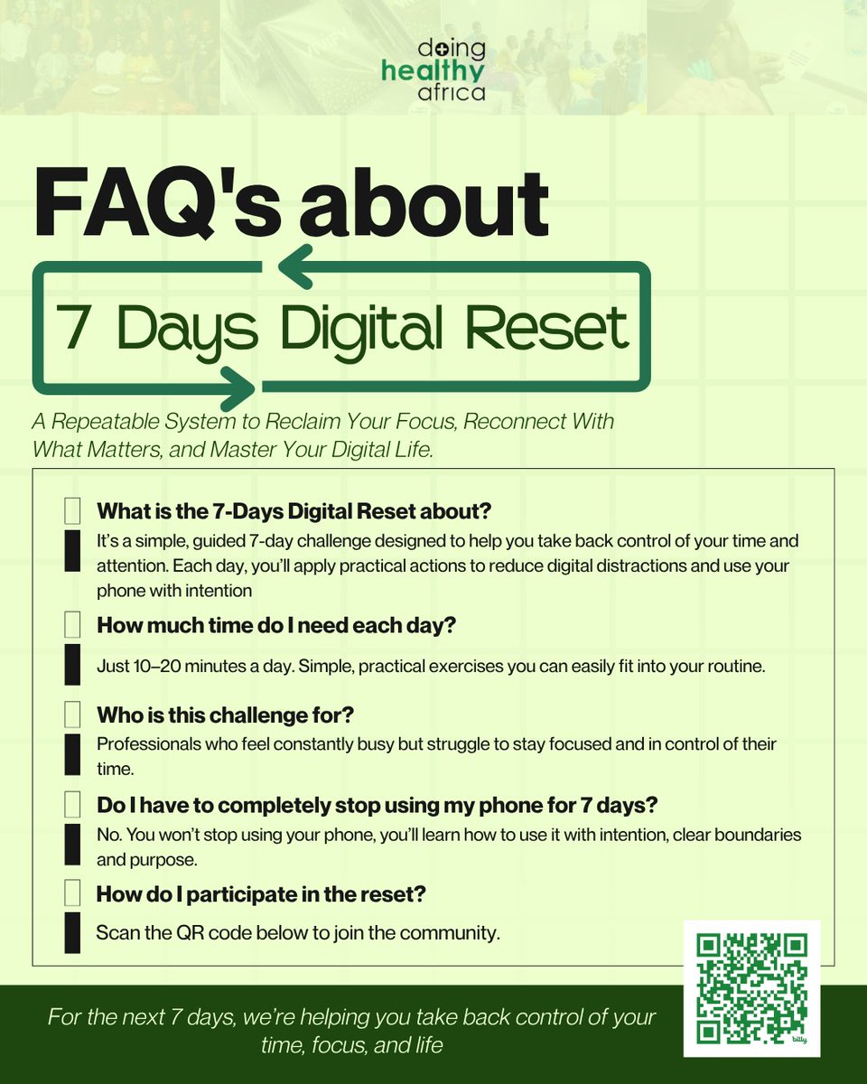 DoingHlthAfrica's tweet image. One of the biggest barriers to change is uncertainty.

How much time will this take?
Do I have to stop using my phone completely?
Is this even for me?
We answered your questions.

7 Days Digital Reset starts May 1.
Scan to join Cohort 1.

#DigitalWellnessDay #DigitalWellness