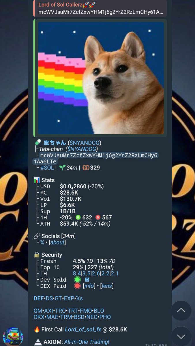 lord_of_sol9's tweet image. ­💊 旅ちゃん $NYANDOG
├ Tabi-chan  $NYANDOG
 ├
Ca: mcWVJsuMr7ZcfZxwYHM1j6g2YrZ2RzLmCHy61Aa6LTe
 └ #SOL | 🌱34m | 👁️329

📊 Stats
 ├ USD   $0.0₄2860 (-20%)
 ├ MC    $28.6K