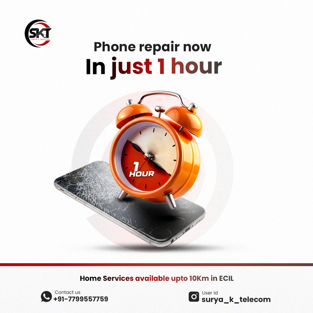SuryakTelecom's tweet image. Fix your phone in just 1 hour ⏳

Dead phone | Screen | Network issues | iPhone unlocking — all covered 🔧
🎁 FREE Ear Buds on LCD ₹1800+
🚪 Doorstep service (10 KM ECIL, Hyderabad)
📲 Book now!
#SuryaKTelecom #Hyderabad #MobileRepair #FastRepair #DoorstepService #DeadPhoneFix