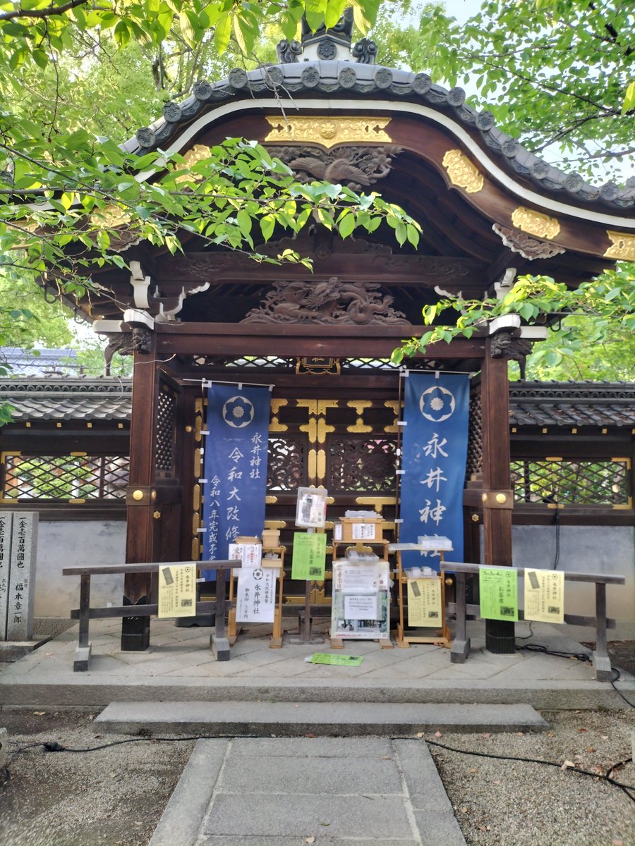 grisgris517's tweet photo. 野見神社の摂社、永井神社は去年からの改修工事が今月終わったばかり。花手水のデザインは永井家の家紋「永井鉄線」。小さい菊で鉄線を表していていつも以上にお手間のかかる花手水を設えてくれてはる。永井神社の前にある鉄線もそろそろ咲きそう。鉄線って花色も地味すぎるぐらい地味やけど品がある。 https://t.co/o4IOpWjriV
