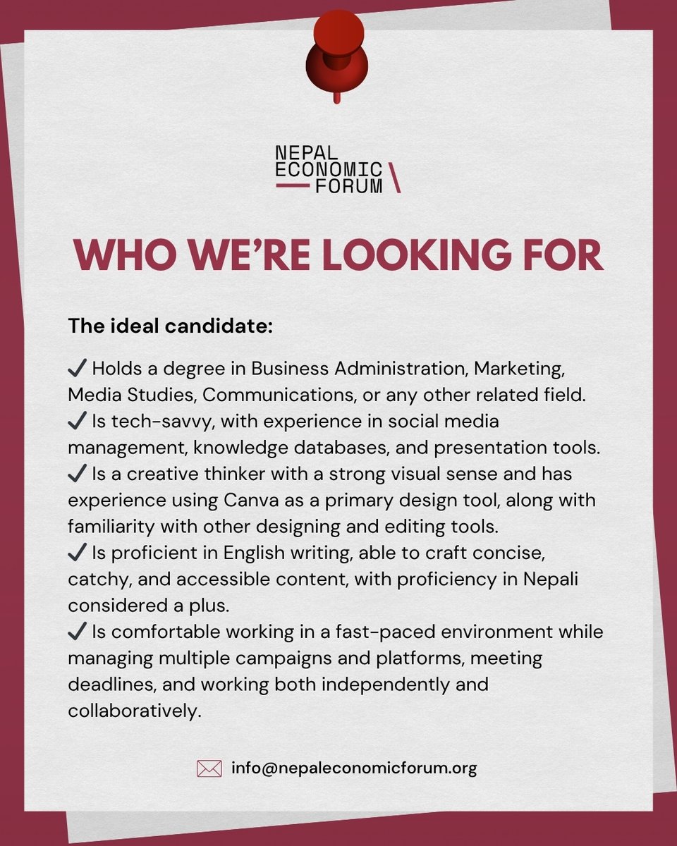 NEFNepal's tweet image. We are hiring a Communications Fellow!

📍 Location: Lalitpur, Nepal
💼 Employment Type: Full-time (On-site)
📅 Application Deadline: May 11, 2026

Apply here: notion.so/nepaleconomicf…

#NEF2026 #Hiring #CommunicationsFellow #Vacancy #DigitalStorytelling #PolicyCommunication
