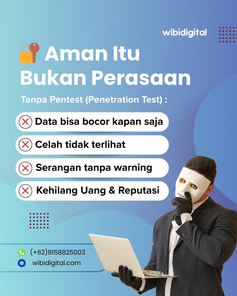 wibidigital's tweet image. Aman itu bukan feeling. Tapi dibuktikan.🔐

Tanpa Pentest, kamu nggak pernah benar-benar tahu:
❌ Di mana celah sistem kamu
❌ Kapan serangan datang
❌ Seberapa besar risiko kerugian

📩 Konsultasi &amp;amp; FREE Pentest sekarang
+62 815-8825-003

#CyberSecurity #Pentest #DataSecurity