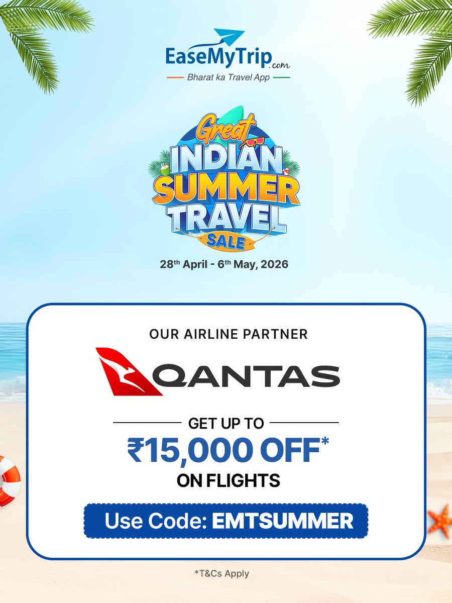 EaseMyTrip's tweet image. Qantas just made your next trip affordable✈️🔥

The Great Indian Summer Travel Sale is LIVE -
and now’s the time to lock your flights without overpaying
Better fares. More routes. No waiting around.

Book with EaseMyTrip
*T&amp;amp;C apply

#GreatIndianSummerSale #FlightDeals