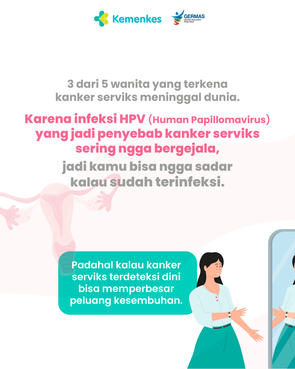AyoSehatKemkes's tweet photo. Kanker serviks atau kanker leher rahim sebagian besar disebabkan oleh infeksi persisten HPV.
Infeksi HPV sering ngga bergejala, tau-tau baru berasa saat berkembang menjadi kanker. Padahal Kanker serviks bisa dicegah.

#AyoSehat #Kemenkes #CekKesehatanGratis https://t.co/oGnCiM1AwI