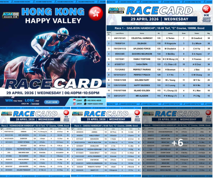Asaa88C's tweet photo. 【 🇭🇰 Hong Kong Happy Valley Racing Schedule 🇭🇰 】🏇
Date：29/04/2026 Wednesday
Time：06:40PM - 10:50PM
See More >> https://t.co/K8VvlFOL91 https://t.co/gSITPEUY2S