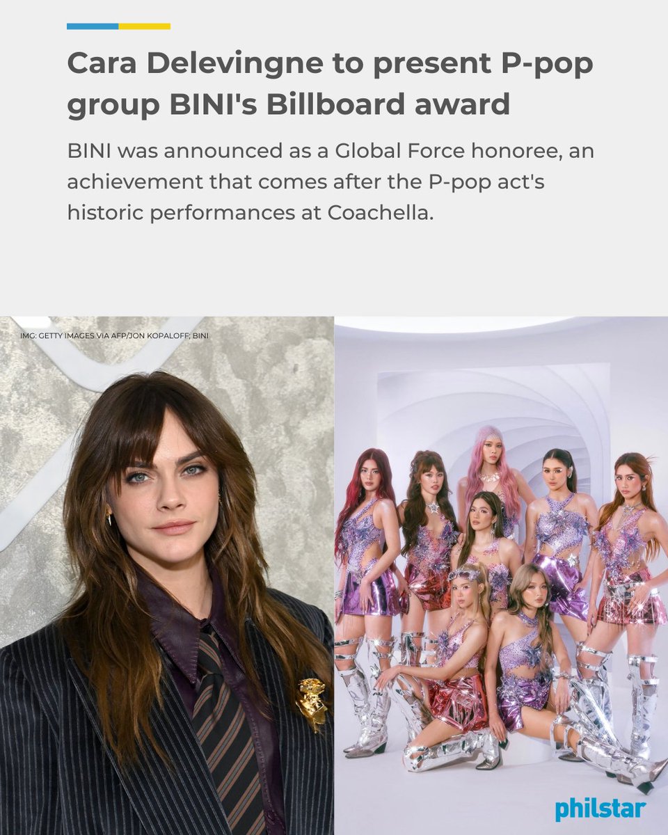 OUR TWO WORLDS COLLIDE 🌏🏆

Entertainment magazine Billboard has tapped model-actress Cara Delevingne to present BINI their Global Force Award at this year's Billboard Women in Music honors. #BINI

Read: philstar.com/entertainment/…