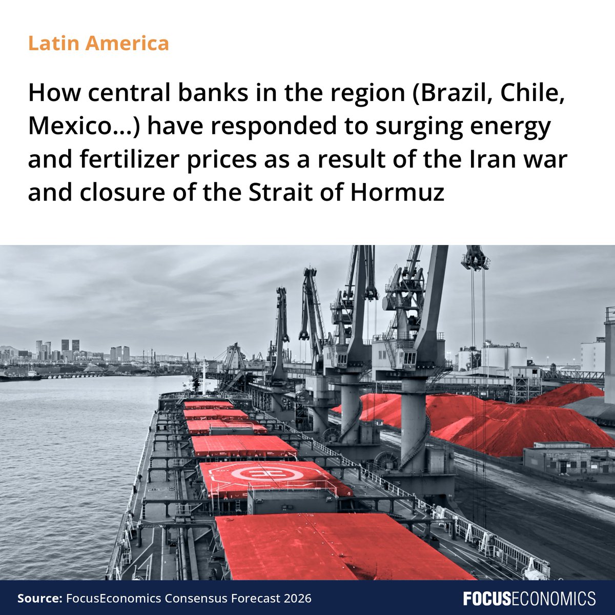 FocusEconomics's tweet photo. What to Watch For in Macroeconomics?

🌎 Last week, we published our latest analysis and forecasts for Central and Latin America. Here's what our latest report covers:
 
🔎 How central banks in the region (Brazil, Chile, Mexico...) have responded to surging energy and fertilizer prices as a result of the Iran war and closure of the Strait of Hormuz

📉 GDP data for the fourth quarter of 2025 and the year as a whole for Argentina, Chile, Costa Rica, Ecuador, Paraguay and Uruguay, plus economic activity data from January 2026 for Argentina, Brazil, Colombia, Mexico, Panama and Peru

🤝 Coverage of the latest economic data and news, including inflation, manufacturing and trade figures, as well as elections in Peru and the Colombia-Ecuador border dispute 
 
Get all the data and analysis via FocusAnalytics: 
https://t.co/RS9CQ3vviF

#EmergingMarkets #LatinAmerica #MacroResearch  #CentralBanks #MonetaryPolicy #Inflation
