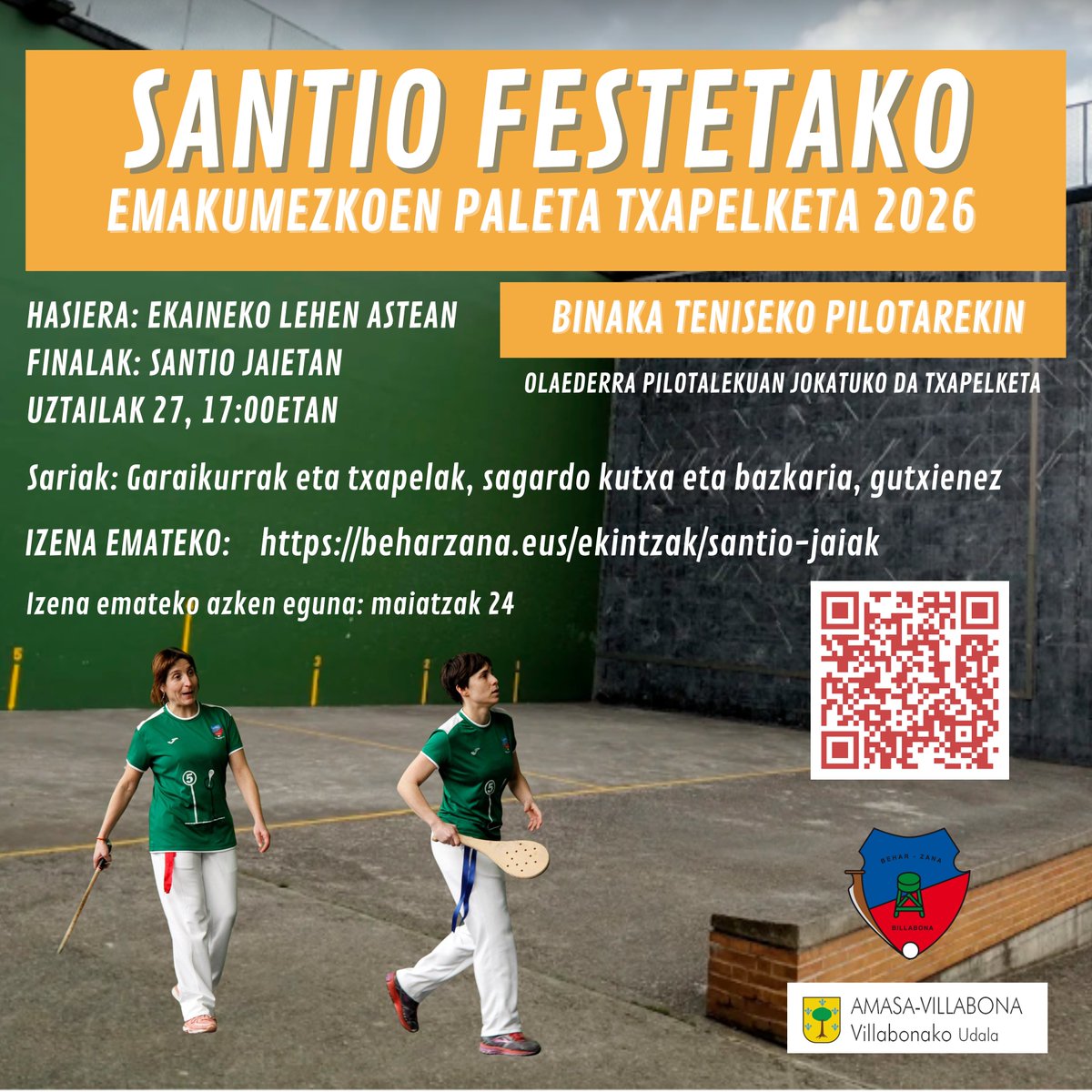 VillabonaUdala's tweet image. Santioetako Pilota Txapelketetan izena emateko epea zabaldu du @beharzana-k
Olaederra pilotalekuan: Frontenis banaka, eskuz banaka (pilota goxoa) eta emakumeen pala binaka (tenis pilota).
Bearzana pilotalekuan: Paleta gomaz binaka.
Animatu!
#Pilota #SantioTxapelketak #Villabona