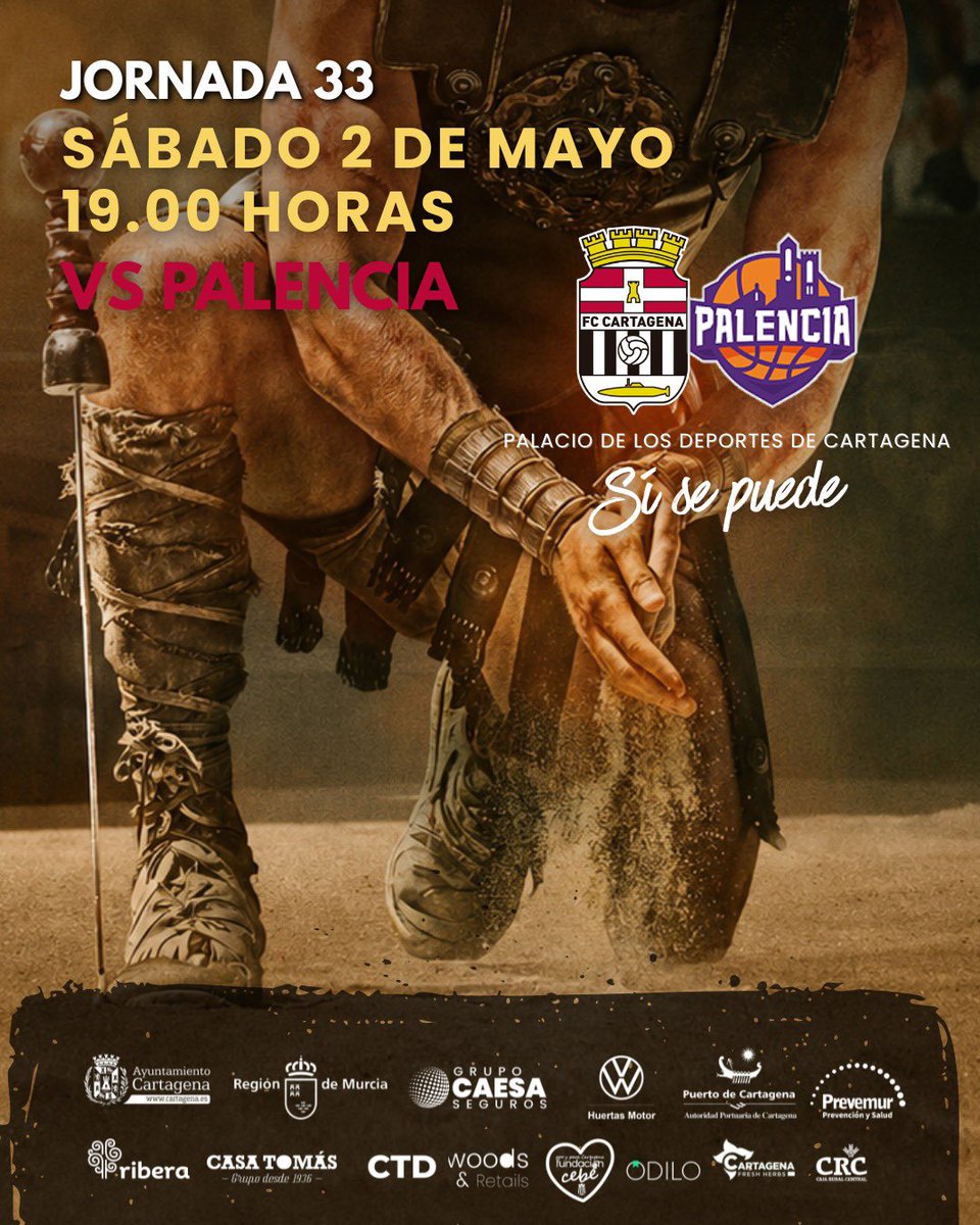 🛡️CARTAGENA , despedimos el año en casa , VAMOS JUNTOS a por el objetivo ⚔️

🗓️ Sábado 2 Mayo
⌚️ 19:00
🆚 <a href="/Palencia_Basket/">Súper Agropal Palencia</a> 
🏟️ Palacio deportes Cartagena 

#VamosCebé 🤍🖤