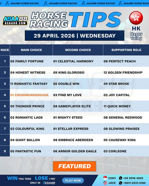 Asaa88C's tweet photo. 【🇭🇰 Hong Kong Happy Valley Race Tips 🇭🇰】🏇
Date: 29/04/2026 Wednesday
Time: 06:40PM - 10:50PM
See More >> https://t.co/4JqHSDWUnB https://t.co/auqTsaNema