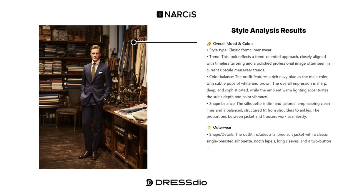 dressdio_global's tweet image. Good style is balance 🎨 + 📏

Colors, proportions, silhouette — NARCIS measures everything.

Your report card is ready.

👉 narcis.dressdio.me
🔗 Lookbook: narcis.dressdio.me/lookbook/86735…

#NARCIS #StyleAnalysis #AIStyle #FashionTools #SmartStyling