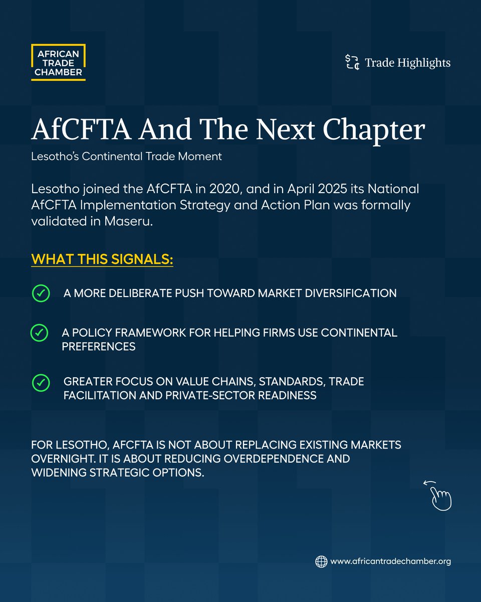 ATC_Chamber's tweet image. Lesotho’s trade story proves that smart systems, not just size, drive impact. From regional integration to strategic resource exports, the next phase is about diversification and @AfCFTA readiness.

#ATC #ATS #Africa #Trade #Lesotho #AfCFTA #SACU