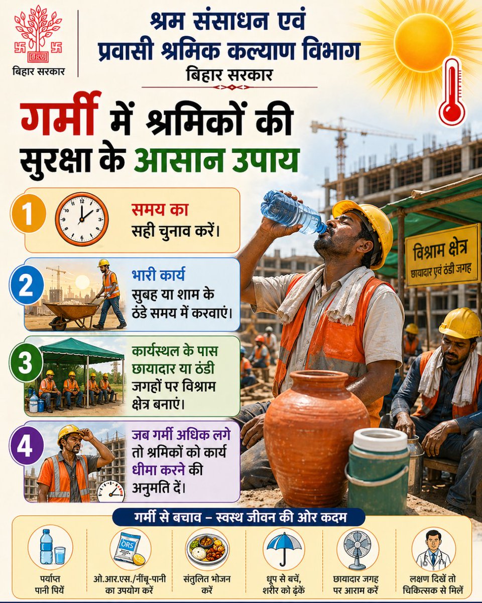 LRMWWDBihar's tweet image. गर्मी / लू में श्रमिकों के लिए महत्वपूर्ण सुझाव ☀️
@IPRDBihar 
#श्रमिक_सुरक्षा
#HeatSafety
#StaySafe
#WorkerSafety
#HeatWaveAwareness
#HealthyWorkers
#SafeWorkplace