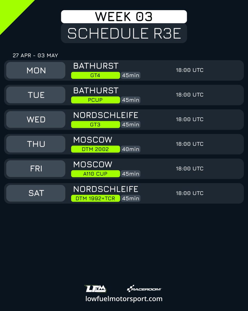 We are heading to week 03. Check out what you can drive across LMU, R3E, and AMS2!

lowfuelmotorsport.com

#lowfuelmotorsport #lemansultimate #automobilista2 #raceroom #simracing #schedule