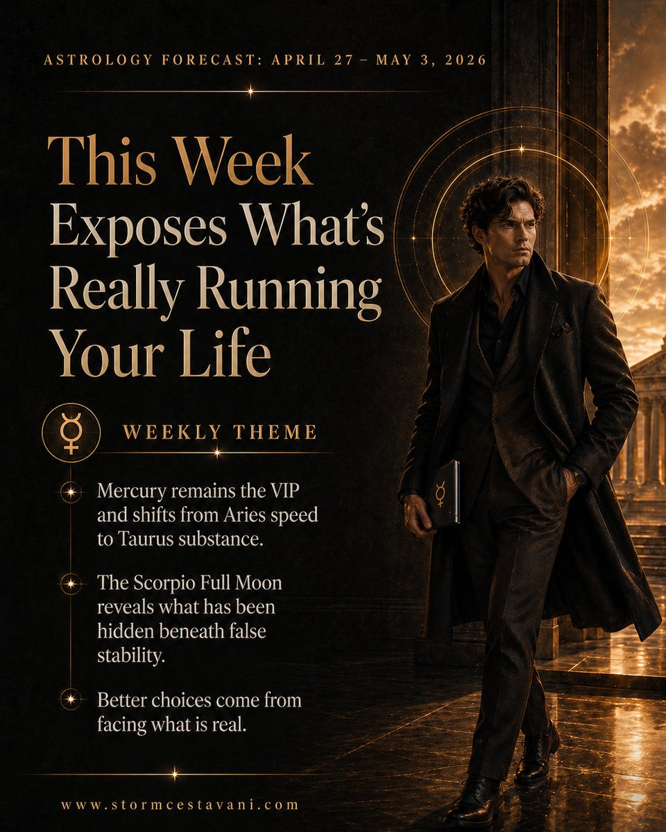 StormCestavani's tweet image. Mercury is still the VIP for April 27 through May 3, 2026, but this week the truth gets harder to avoid. The Scorpio Full Moon exposes what’s really running your life. Swipe through the slides, then tell me what you’re being asked to face.  #astrology