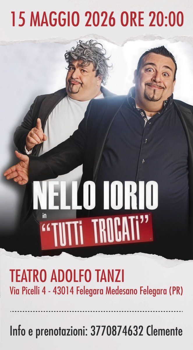 ParmaPartenopea's tweet photo. Nello Iorio da @Made_in_Sud a Felegara!(Parma) con lo Spettacolo "TUTTI DROCATI"
Venerdì 15 Maggio 2026 alle Ore 20:00 al Teatro Adolfo Tanzi a Felegara in Via Picelli
Info Biglietti contattare il 3770874632
Quelli del 2011 @ParmaPartenopea?
Ci saranno! 
https://t.co/gB2GiMsPhf https://t.co/FIIqkK0J3J