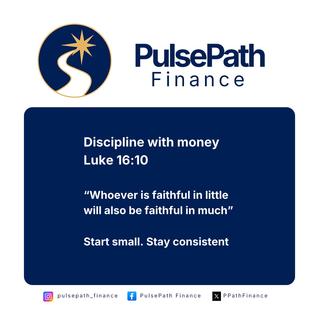 PPathFinance's tweet image. You don’t need big money to build wealth.

Be faithful with little first.
That’s where discipline starts.
Start small. Stay consistent.

Grow your money the right way.
Follow PulsePath Finance.
#MoneyMindset #FinancialDiscipline #WealthBuilding