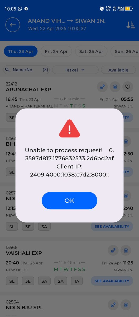 HarshK50833's tweet photo. This is unacceptable! During Tatkal booking, Railone app crashed with “Unable to process request” error at payment stage.Passengers depend on Tatkal, but due to such technical failures we lose our chance unfairly. https://t.co/y2mKVJoamA