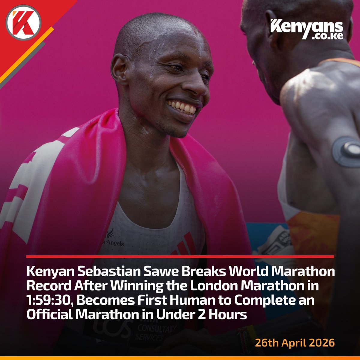 Kenyans's tweet photo. Kenyan Sebastian Sawe breaks World Marathon Record after winning the London Marathon in 1:59:30 https://t.co/1zLUHrzz0Z