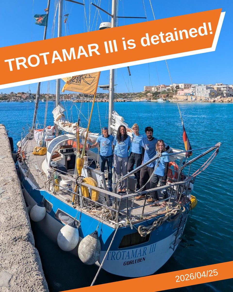 alarm_phone's tweet photo. Solidarity with Trotamar III, detained in Lampedusa! Italian authorities accuse @boat_spotting of not having contacted the Tunisian authorities during a rescue. How's not cooperating in violent #pushbacks a crime? #FreeTrotamarIII, #BreakDownTheBorders
#SailAgainstFortressEurope https://t.co/UmUoPg8X0j