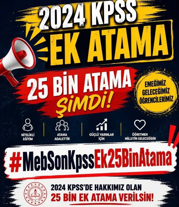 <a href="/oktay_saral/">Oktay SARAL</a> Biz öğretmenler 2024 KPSS ile EK 25 BİN ATAMA talep ediyoruz hakkımızdır sesimizi duyun lütfen artık emeklerimz boşa gitmesin sizlere güveniyoruz Sn <a href="/RTErdogan/">Recep Tayyip Erdoğan</a> <a href="/tcmeb/">Millî Eğitim Bakanlığı</a> <a href="/HMBakanligi/">T.C. Hazine ve Maliye Bakanlığı</a> <a href="/Akparti/">AK Parti</a> <a href="/dbdevletbahceli/">Devlet Bahçeli</a> <a href="/TalatAtilla/">Talat Atilla</a> <a href="/MHP_Bilgi/">MHP</a> <a href="/MhpTbmmGrubu/">MHP TBMM Grubu #MHP</a> <a href="/tcbestepe/">T.C. Cumhurbaşkanlığı</a> <a href="/oktay_saral/">Oktay SARAL</a> <a href="/hasandogan/">Hasan Doğan</a>