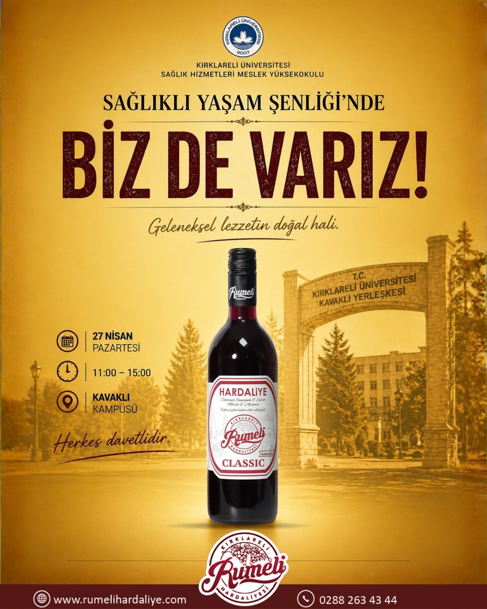 Kırklareli Üniversitesi’nde buluşuyoruz! 🎓🍇

📍 Kırklareli Üniversitesi – Kavaklı Kampüsü
📅 27 Nisan Pazartesi
⏰ 11:00 – 15:00

🍇 Tadım etkinliği: Rumeli Hardaliye
Doğal, fermente ve geleneksel lezzetleri keşfetmek için standımıza uğrayın.

✨ Herkes davetlidir. <a href="/kirklaruni/">Kırklareli Üniversitesi</a>