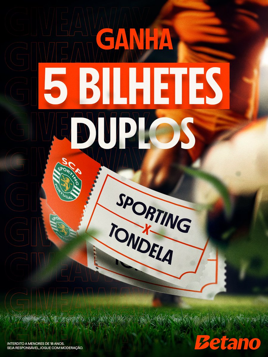 Temos 5️⃣ bilhetes duplos para o <a href="/sportingcp/">Sporting CP</a> 🆚 Tondela! Para ganhares, só tens de:

👉 Seguir a <a href="/Betano_PT/">Betano Portugal 🔞</a>
👉 Like, RT e marcar 3 amigos

📌 Termina dia 28/04 às 14h00. Anunciamos os vencedores até às 15h00.