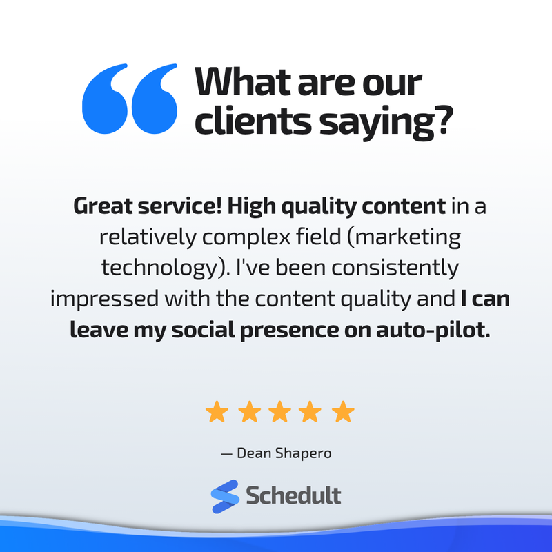 GetSchedult's tweet image. Dean knows exactly what it feels like to hand over social media to a team you can trust. ⭐ 

That's what putting social media on auto-pilot really looks like. 🚀

#ClientLove #Schedult #DoneForYou