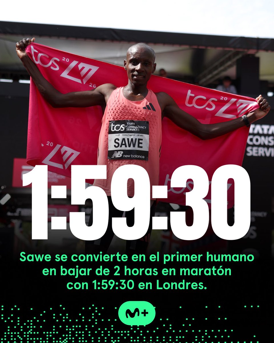 MPlusDeportes's tweet photo. 🏅 Histórico récord de maratón.

🏃‍➡️ Sawe se convierte en el primer humano 𝙚𝙣 𝙗𝙖𝙟𝙖𝙧 𝙙𝙚 2 𝙝𝙤𝙧𝙖𝙨 en maratón con 1:59:30 en Londres. https://t.co/HfyRbHLSe0