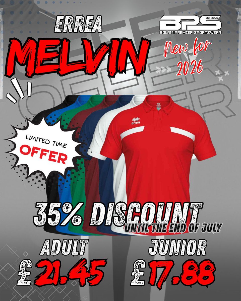 bolamsportswear's tweet photo. Errea Mark Deals just landed! 🚨

🔥 Get 35% OFF the Errea Mark, Melvin, Mick &amp; Matt apparel until the end of July.

Adult from £18.85 | Junior from £15.60.

https://t.co/FyheInDOfa 

#BPS https://t.co/uFxT84NHlr
