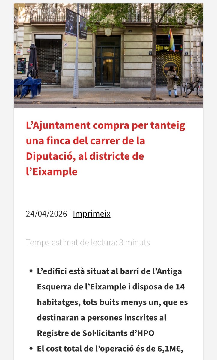 L’Ajuntament compra per tanteig una finca del carrer de la Diputació, al districte de l’Eixample. El preu de compra de l'edifici de 14 habitatges és de 6.100.000 
€. Cada pis ha costat 435.714€.
Pisos de luxe per habitatge social. On és la trampa?
