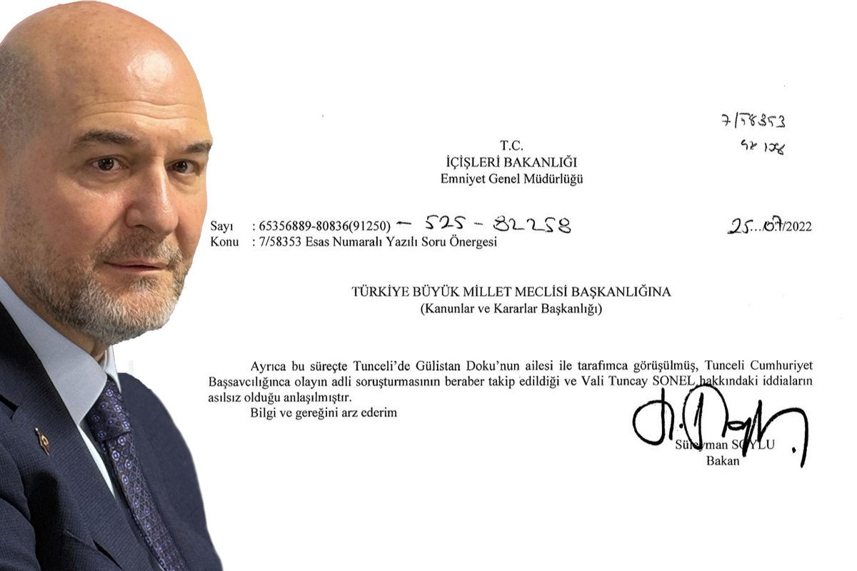 evrenselgzt's tweet photo. 🔴Süleyman Soylu, Gülistan Doku sorusuna verdiği cevabı kendisi paylaştı: “Tuncay Sonel hakkındaki iddialar asılsızdır.”

📌Evrensel’in Meclis tutanaklarını kaynak göstererek yaptığı haber, dönemin İçişleri Bakanı Süleyman Soylu ve birçok AKP’li ismin Tunceli Valisi Tuncay Sonel’i savunduğunu ortaya çıkardı.

📌Söz konusu tutanaklara göre dönemin İçişleri Bakanı Süleyman Soylu, “Tuncay Sonel hakkındaki iddialar asılsızdır” cümlesini kullanmıştı.

📌Konuyla ilgili açıklama yapan Soylu, “O sorulara verilen cevaplar ile yaptığınız haberlerin konusu tamamen çarpıtmadır yalandır; iftiradır” dedi.

📌Soylu bu söylediklerine delil olarak söz konusu paylaşımına “milletvekilinin sorduğu sorular” ve “Emniyet Genel Müdürlüğü üzerinden verilen cevapları” paylaştı.

📌Soylu’nun imzasını taşıyan cevap metninde, “Vali Tuncay Sonel hakkındaki iddiaların asılsız olduğu anlaşılmıştır” ifadeleri yer alıyor.