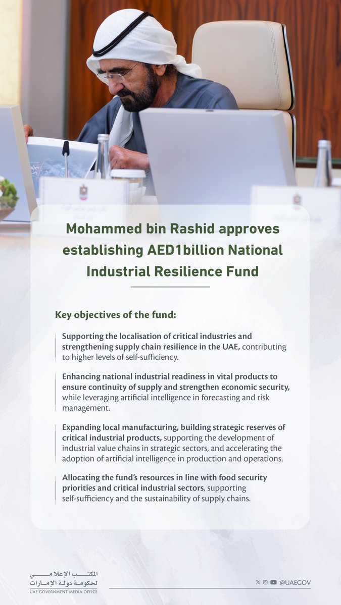 AletihadEn's tweet image. Mohammed bin Rashid approves establishing Dh1billion National Industrial Resilience Fund

#AletihadNewsCenter #UAE #industry #resilience