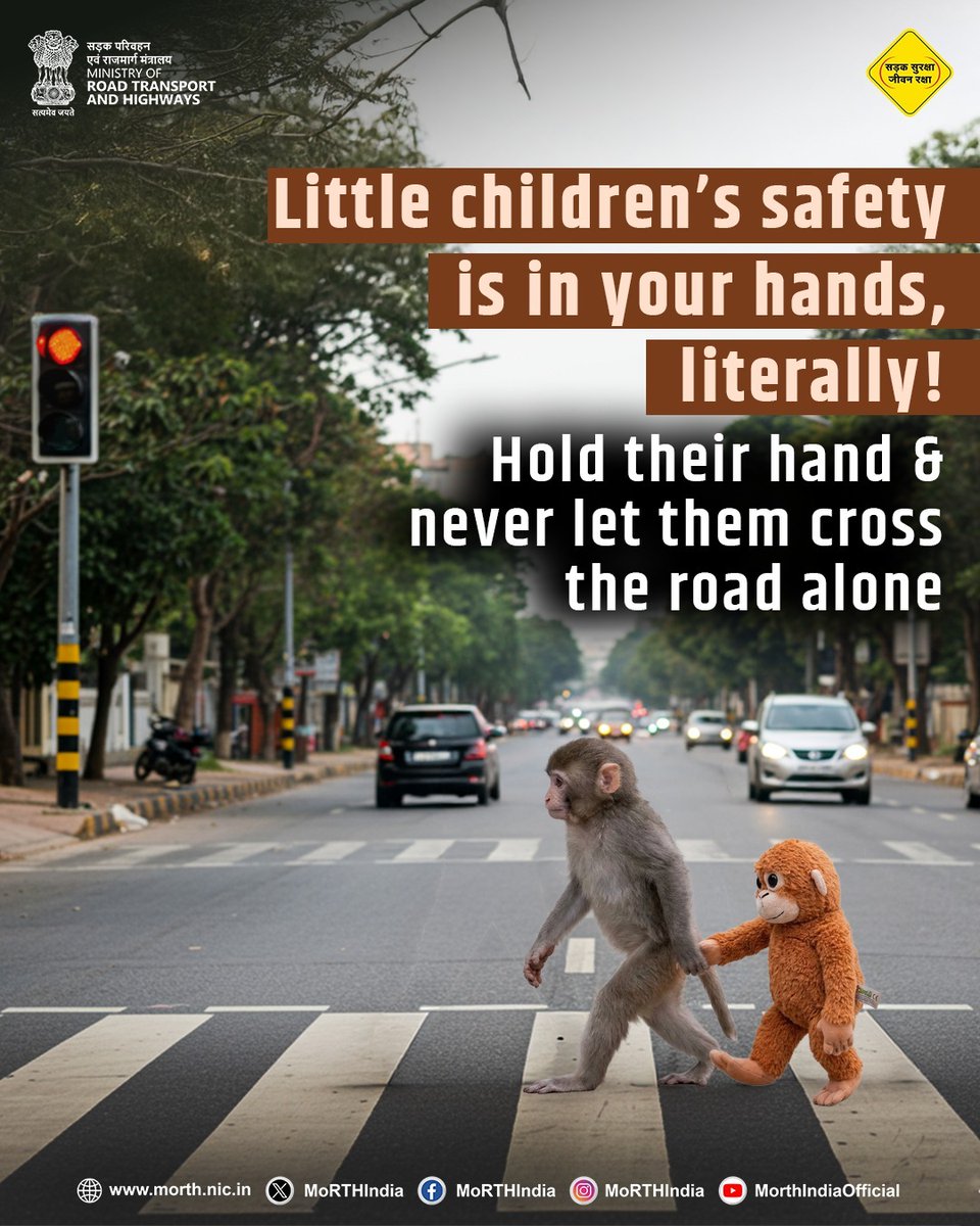 MORTHIndia's tweet image. A parent’s hand is a child’s shield. Hold their hand firmly when crossing the road.  
#OneMomentOneLife #RoadSafety #SadakSurakshaJeevanRaksha