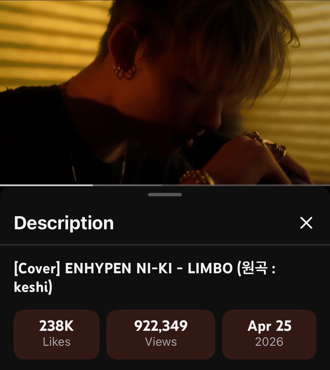 [▶️] 260426 • YOUTUBE

#NI_KI 's  ‘LIMBO’ cover officially reached 922K views and 238K likes in the first 24 hours 🔥

Thank you everyone for streaming! We were able to hit our target goals for likes, but we are still aiming for 1.5M views.  Let’s make this the 48 hr goal!

🎯