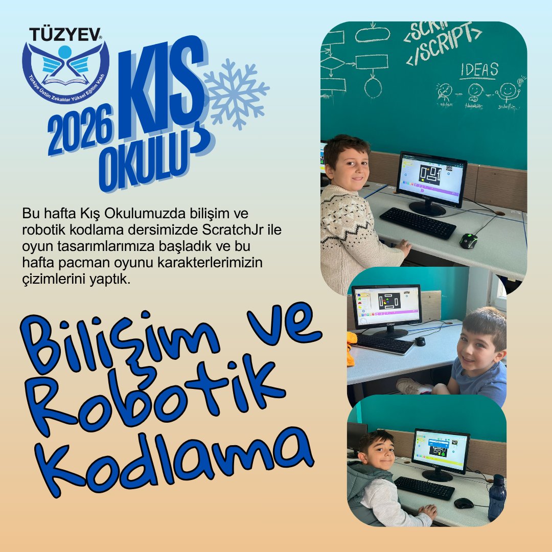 tuzyevvakfi's tweet photo. Bu hafta Kış Okulumuzda bilişim ve robotik kodlama dersimizde ScratchJr ile oyun tasarımlarımıza başladık ve bu hafta pacman oyunu karakterlerimizin çizimlerini yaptık.
#tüzyev #zenginleştirilmişeğitim #bilisim #robotikkodlama #robot #tasarım #scratchjr #pacman #karakter #çizim https://t.co/QruZfTbU8a