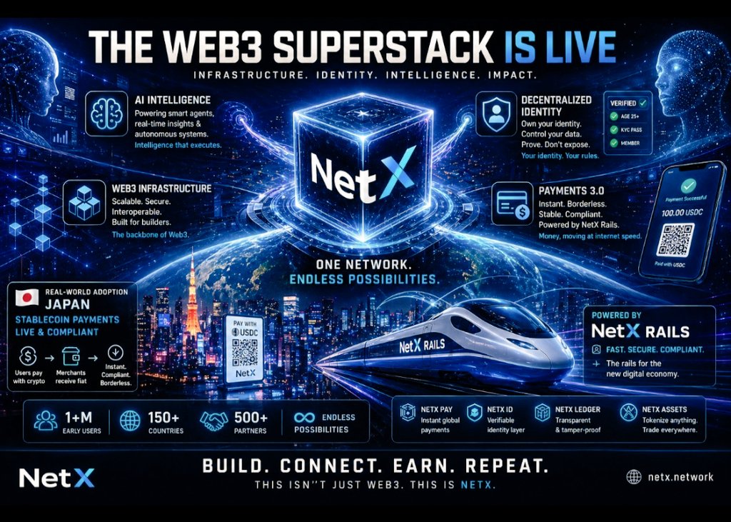Daithimacliam83's tweet photo. The moment #Web3 becomes real…
is the moment everything connects.
AI 🤖
Identity 🔐
Payments 💳
Infrastructure ⚙️
Not separate. Not fragmented.
Unified. 
@netx_world #NetX #NetXInfographic @anbangr @xShark89x @NetX_BT https://t.co/N7XsaDgL5Q