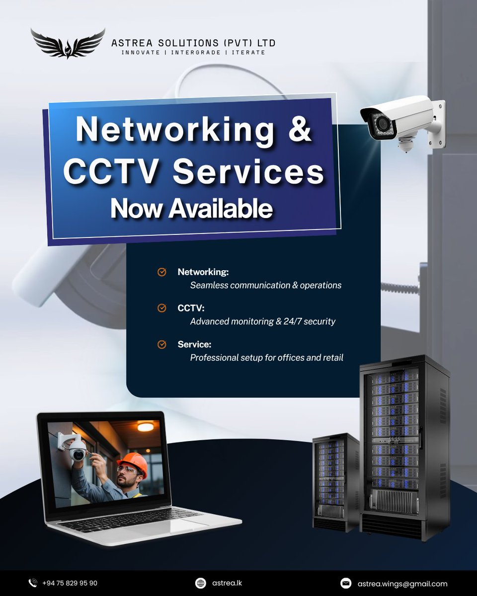 astrea_wings's tweet image. Secure. Connected. Reliable. 🔒🌐

Astrea Solutions is expanding! We are now offering professional Networking &amp;amp; CCTV Services for offices and retail.

🚀 Seamless communication 
🛡️ 24/7 advanced monitoring 
🛠️ Professional setup

🔗 astrea.lk

#CCTV #Networking