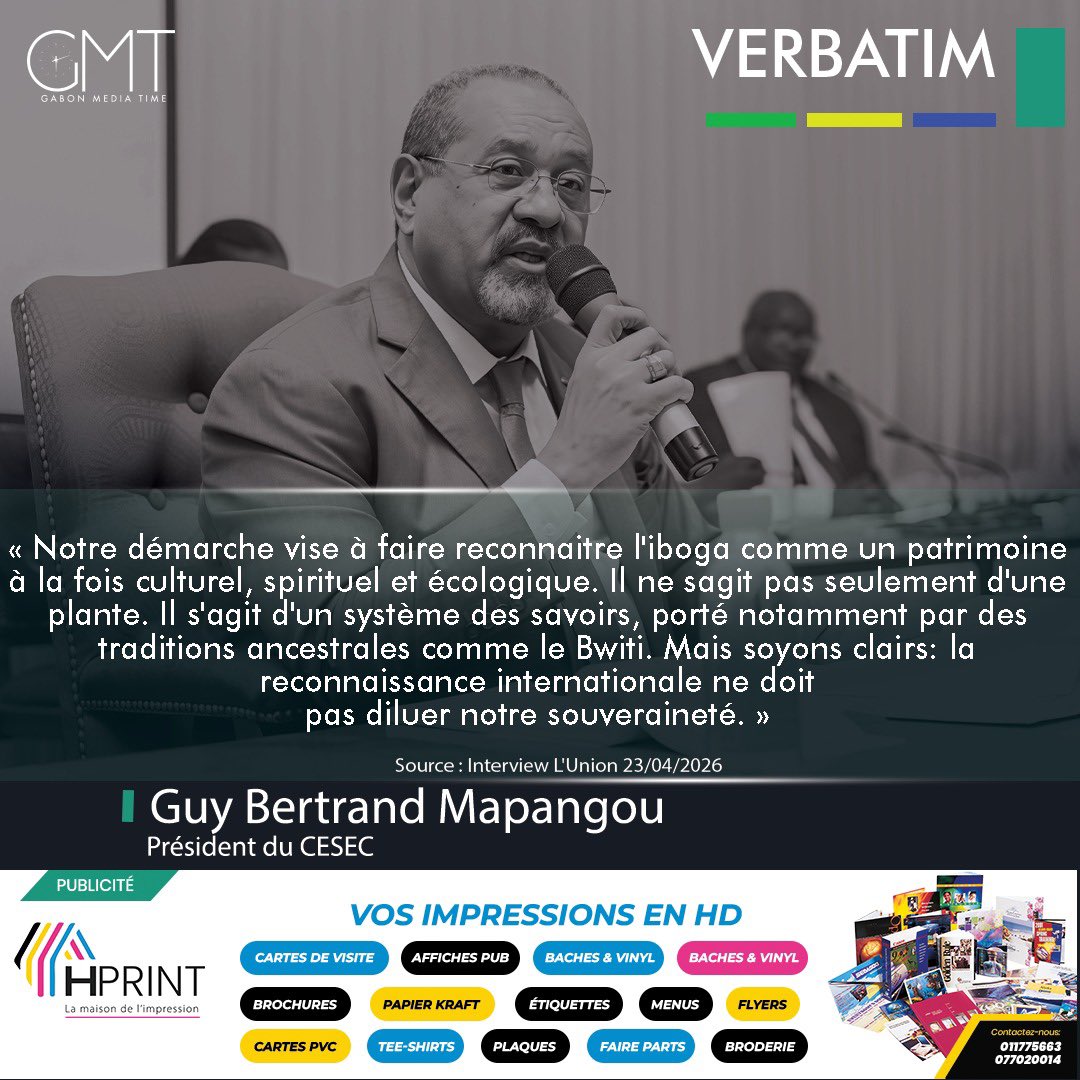 gabonmediatime's tweet image. #Verbatim] Guy Bertrand Mapangou : «  Notre démarche vise à faire reconnaitre l'iboga comme un patrimoine à la fois culturel, spirituel et écologique »

𝐂𝐨𝐧𝐭𝐚𝐜𝐭𝐞𝐳 𝐥𝐚 𝐫𝐞́𝐝𝐚𝐜𝐭𝐢𝐨𝐧 

📲
066441717  
📞 
011775663

📬
contact@gabonmediatime.com

#GMT
#Gabon