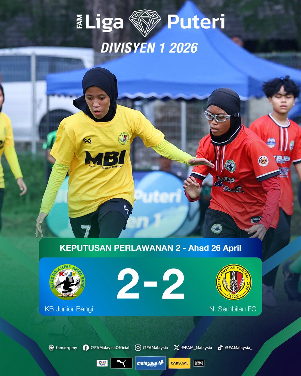FAM_Malaysia's tweet image. KB Junior Bangi 2-2 Negeri Sembilan FC

⚽️ Aina Amira 33’ Insyirah Mawaddah 41’ 
⚽️ Dania Qisya 30’+2’ Mia Qalesya 54’ (P)

#FAM #HarimauMalaya #LigaPuteriDiv12026