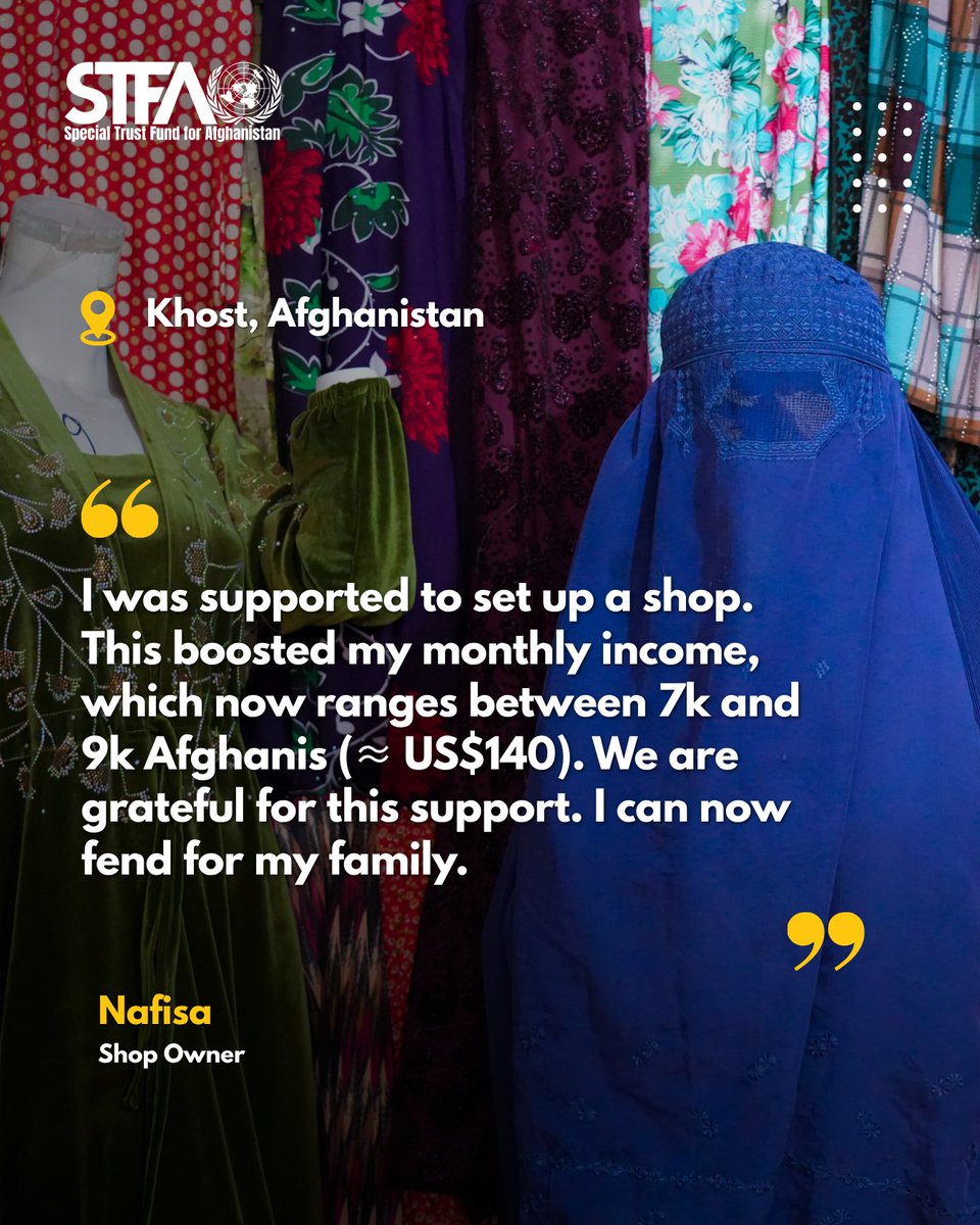 UN_STFA's tweet photo. Nafisa’s story is one of strength & possibility. With support, she established her own shop in Khost Province, boosting her income and changing her future.
Today, she can support her family with confidence and dignity. When women thrive, communities grow.
#DeliveringAsOne https://t.co/U79M2Gjsfn