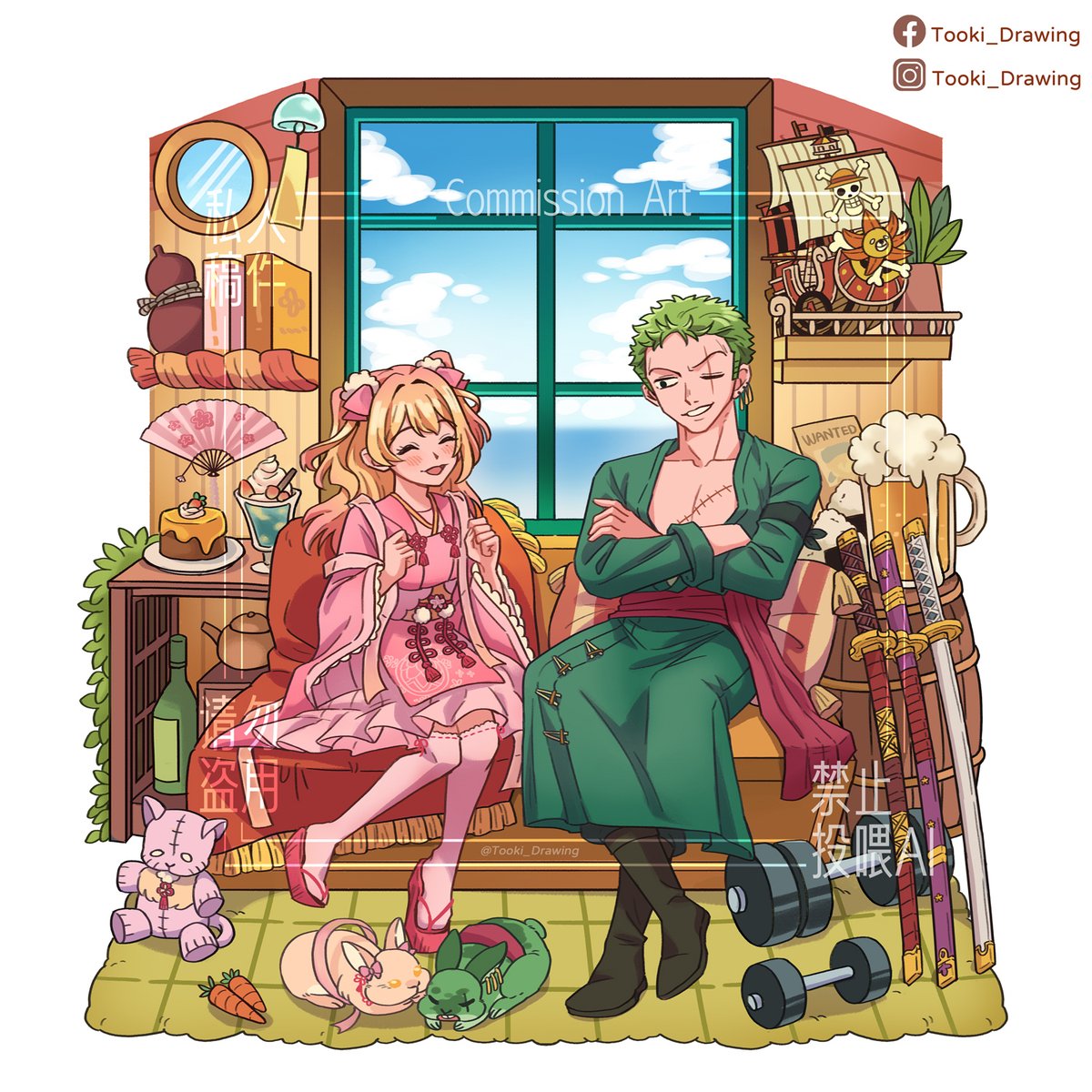 Tooki_Drawing's tweet photo. 窗边系列 Cozy Corner |
Commission work featuring the client's OC and Zoro. 
I focused on their interaction and personality. I researched Zoro’s gym design from One Piece to create a realistic living space for the characters✨

You can find more info here: https://t.co/alGVPrbBff https://t.co/AtL1O8qfLS