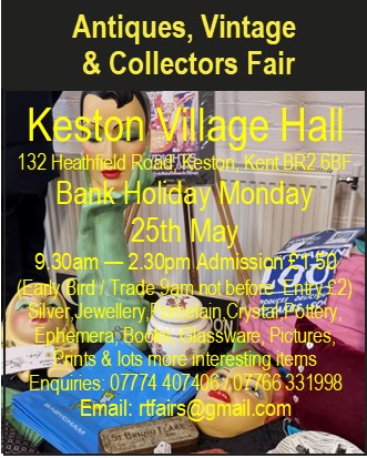 RTFairs's tweet photo. Next Keston Village Hall Antiques, Vintage and Collectables Fair on Spring Bank Holiday Monday 25th May. Open 9.30am - 2.30pm admission £1.50 (Trade / early bird 9am £2.00). Stalls still available, contact us for more details. https://t.co/hHMKzGOU9Y