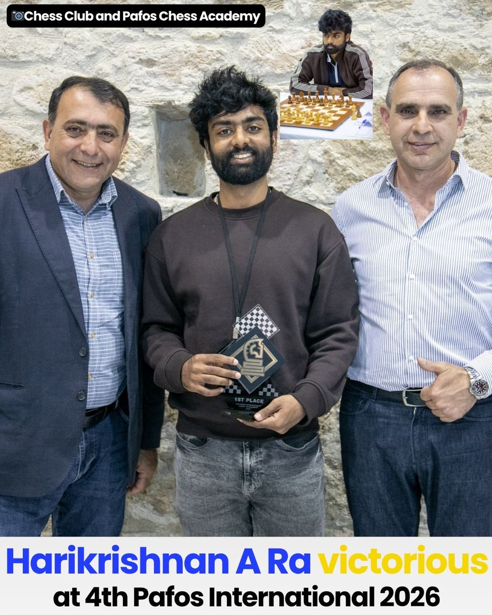 CheckmateDaily's tweet image. Harikrishnan victorious at 4th Pafos International 2026

Group A
🥇GM @Harikrishchess🇮🇳 7.5/9
🥈GM Evgeny Postny🇮🇱 7/9
🥉GM Vladimir Hamitevici🇲🇩 7/9

📷Chess Club and Pafos Chess Academy

#Chess #CheckmateDaily #Pafos #Cyprus #India